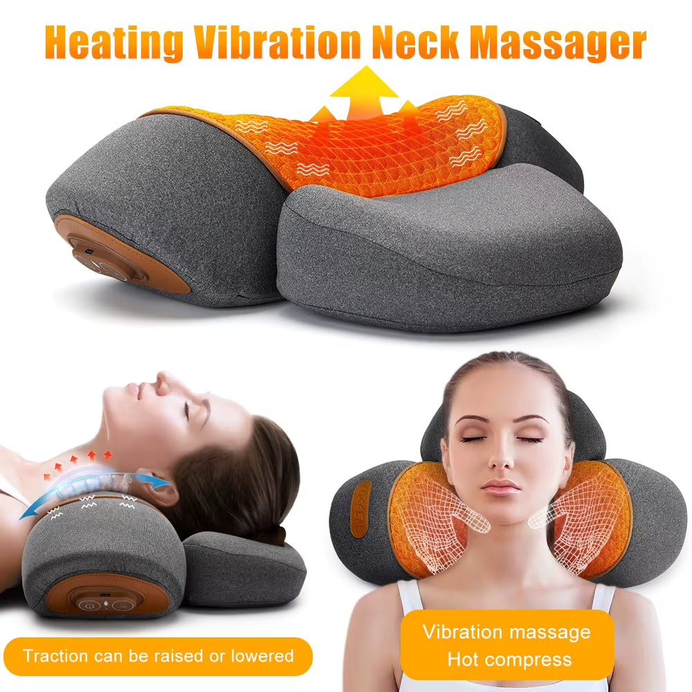3 in 1 Neck Massager Cervical Pillow Hot Compress Vibration Massage Neck Traction Relax Pillow Spine Support Massager Tools